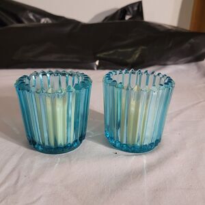 2 Aqua blue votive /toothpick candaleholder with Candles 2.5in
